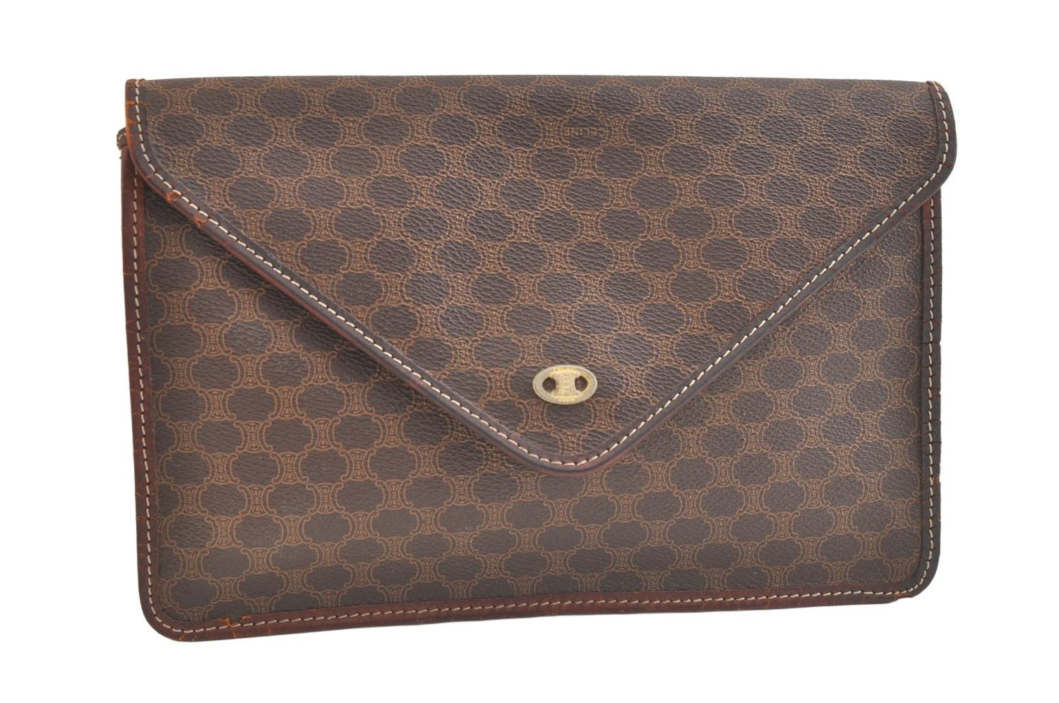 Authentic CELINE Macadam Blason Pattern Clutch Bag Purse PVC Leather Brown 2349K