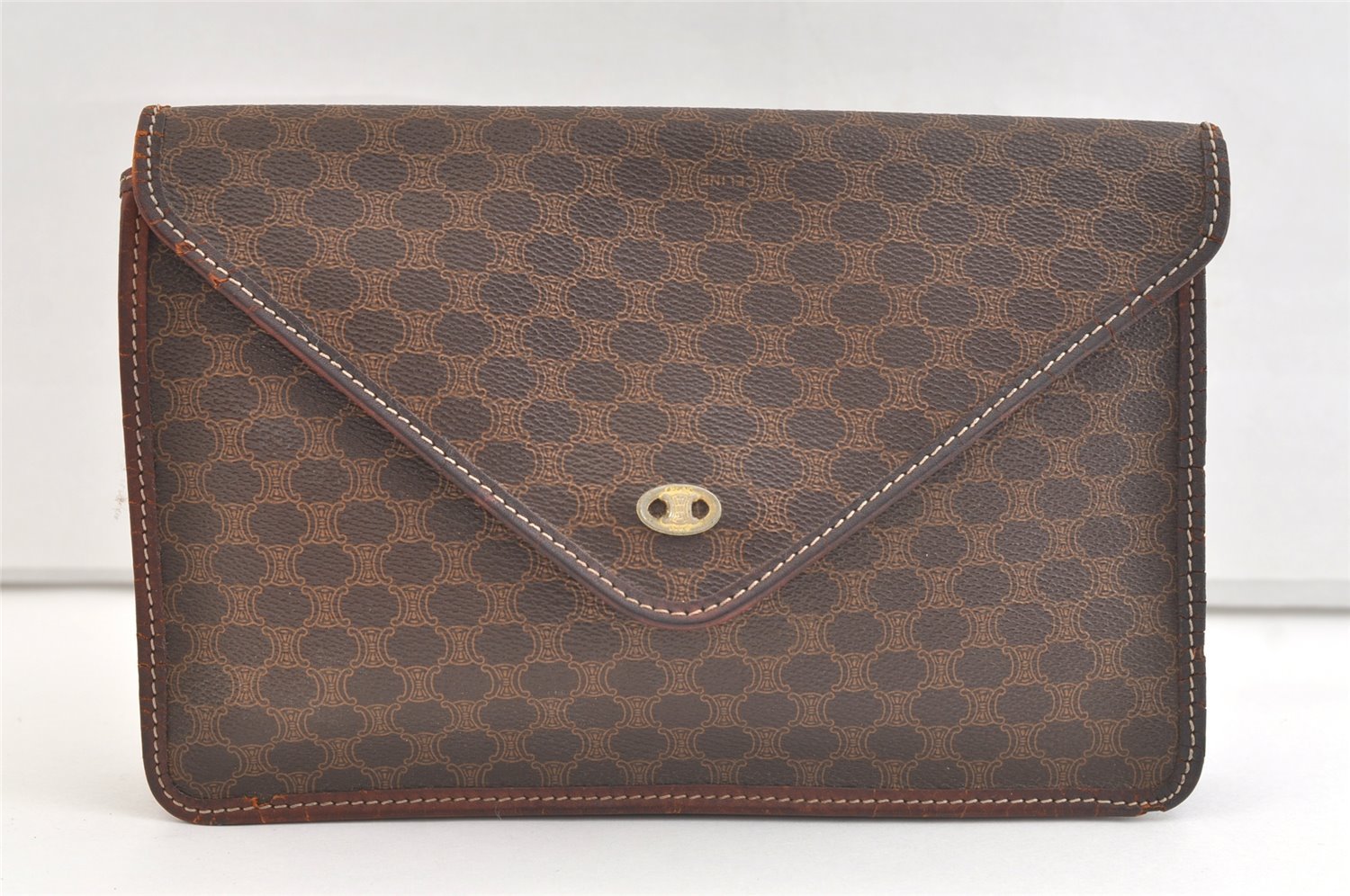 Authentic CELINE Macadam Blason Pattern Clutch Bag Purse PVC Leather Brown 2349K