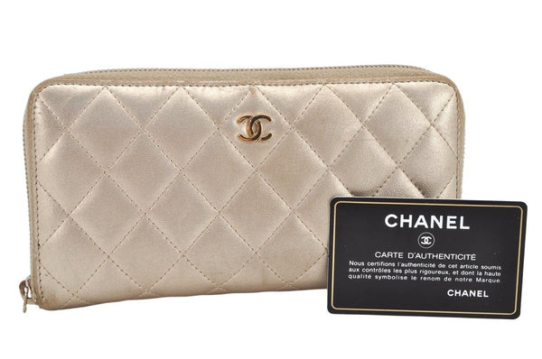 Authentic CHANEL Calf Skin Matelasse Long Wallet Purse CC Logo Gold 2359K