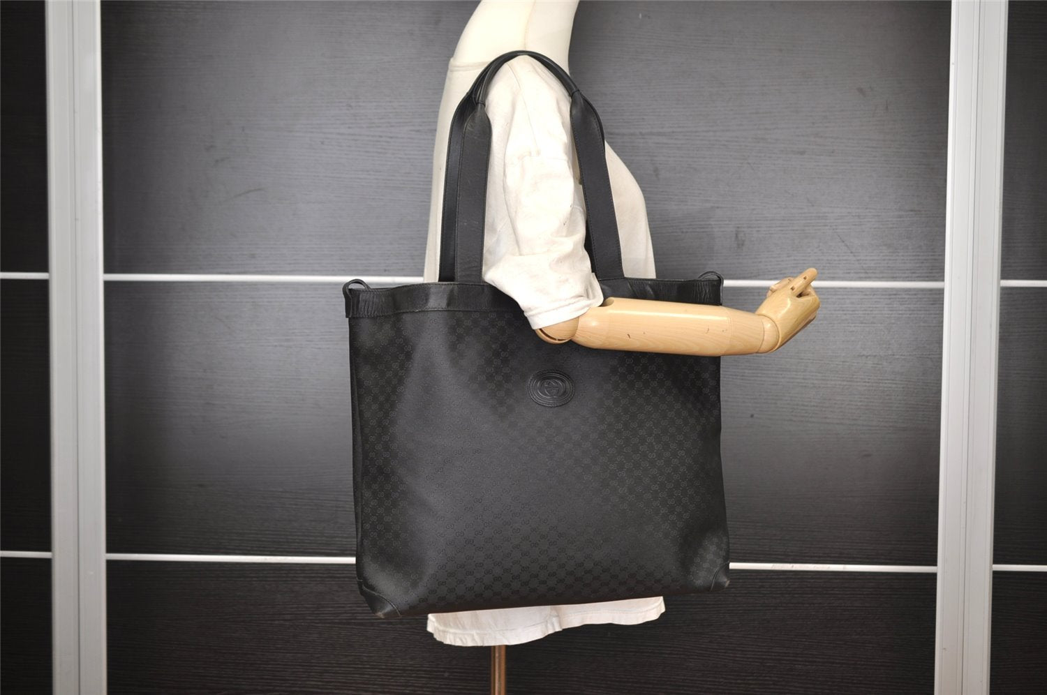 Authentic GUCCI Vintage Micro GG PVC Leather Shoulder Tote Bag Black 2360I