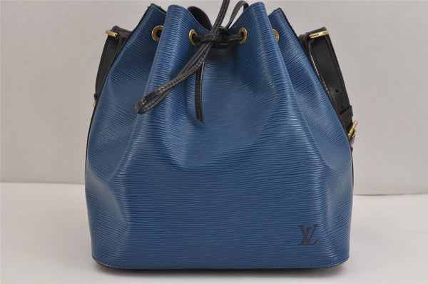 Authentic Louis Vuitton Epi Petit Noe Bi-color Blue x Black Drawstring Bag 2360J
