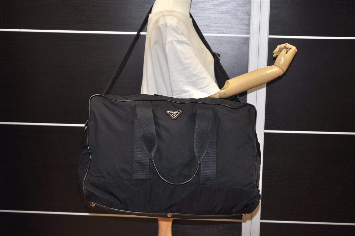 Authentic PRADA Vintage Nylon Tessuto Leather 2Way Travel Boston Bag Black 2366K