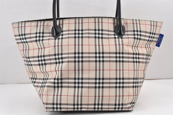 Authentic BURBERRY BLUE LABEL Check Shoulder Tote Bag Nylon Leather Beige 2368K