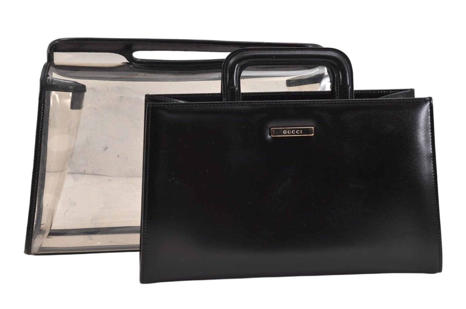 Authentic GUCCI 2 in 1 Tote Hand Bag Vinyl Leather Clear Black Junk 2370K