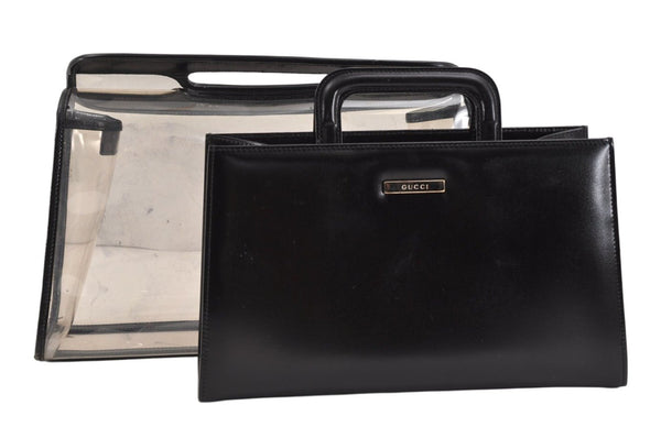 Authentic GUCCI 2 in 1 Tote Hand Bag Vinyl Leather Clear Black Junk 2370K