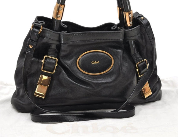 Authentic Chloe Vintage Victoria 2Way Shoulder Tote Bag Leather Black 2376K