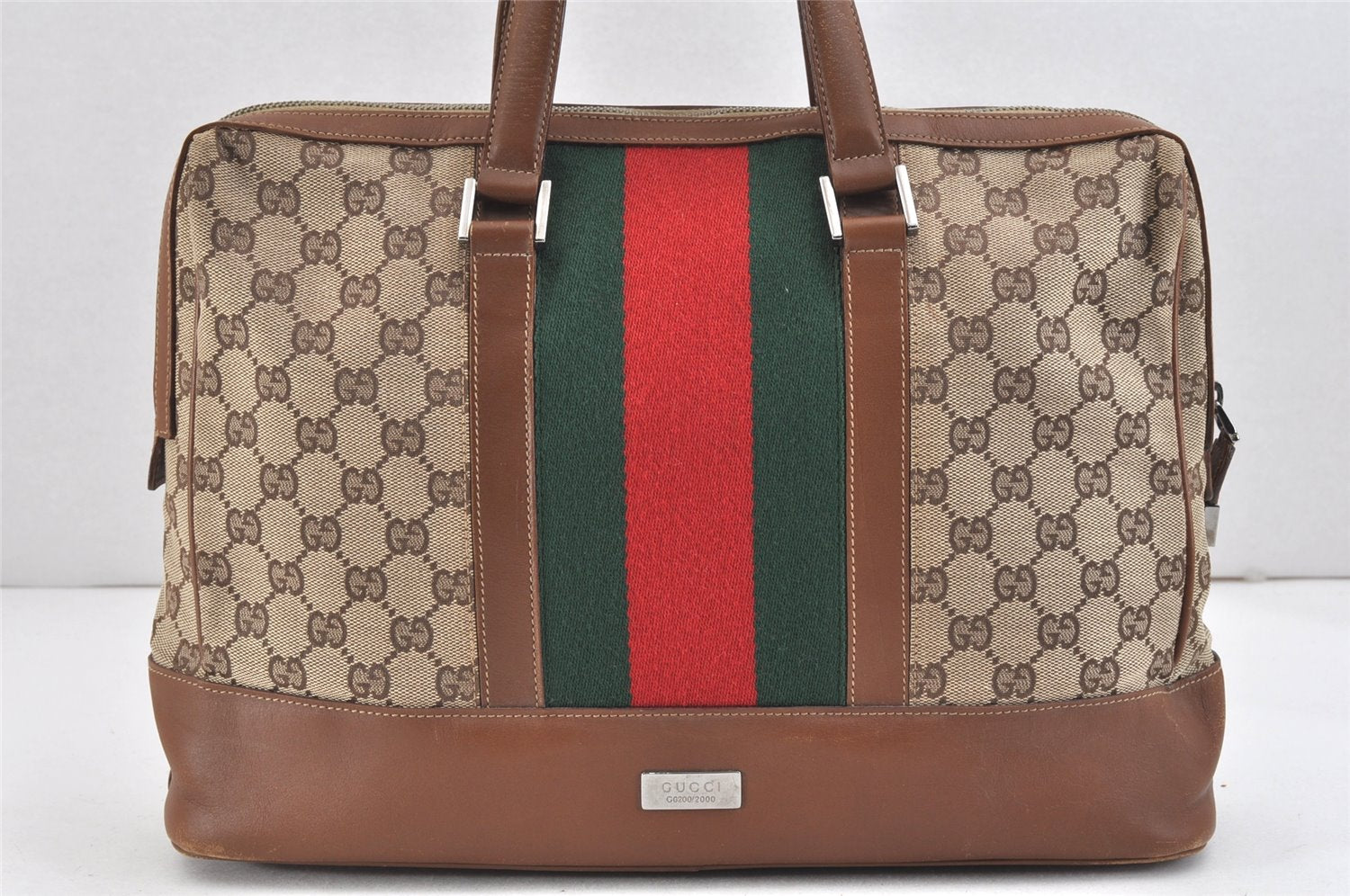 Authentic GUCCI Web Sherry Line Hand Tote Bag GG Canvas Leather Brown 2379K