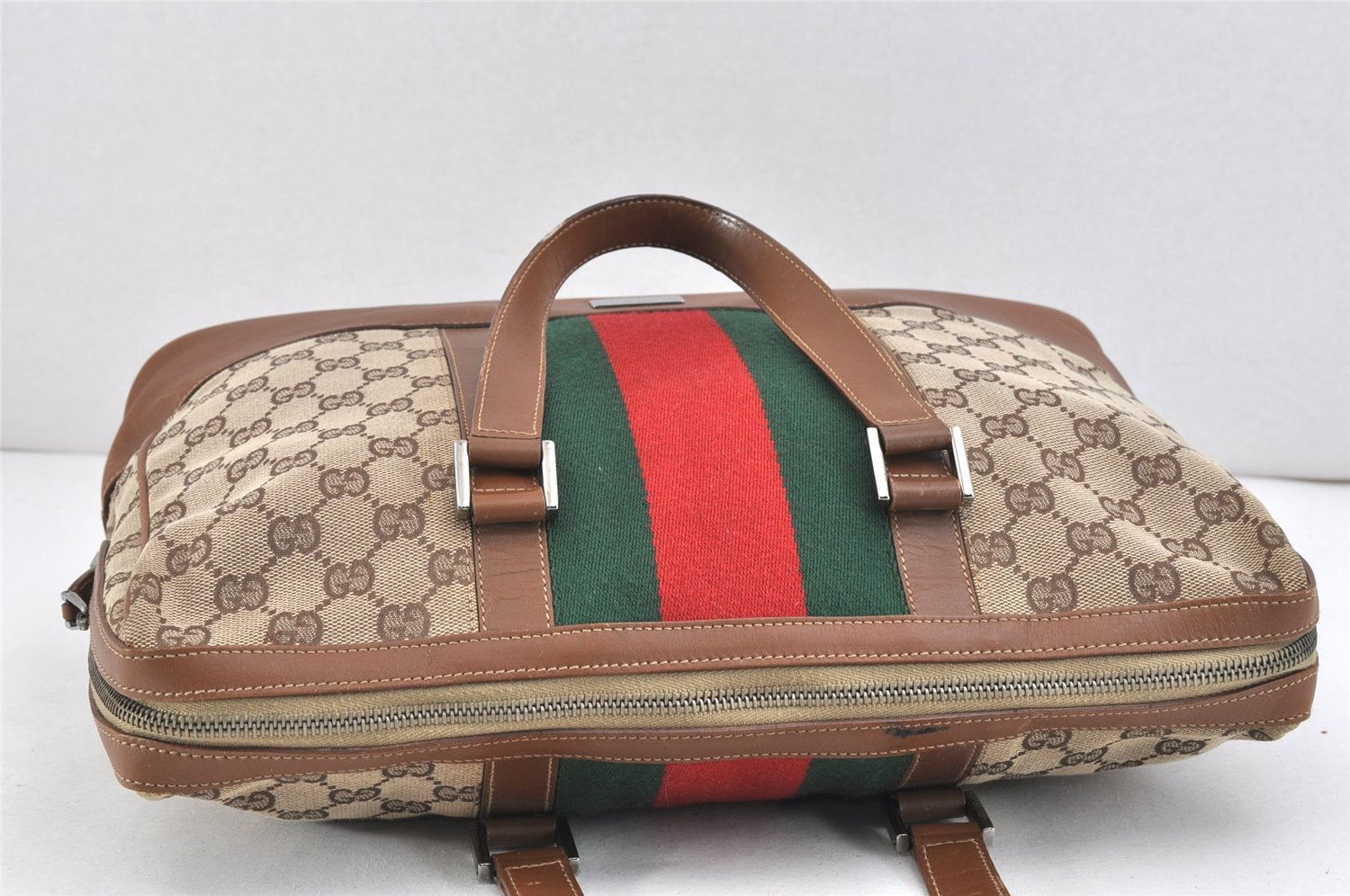 Authentic GUCCI Web Sherry Line Hand Tote Bag GG Canvas Leather Brown 2379K