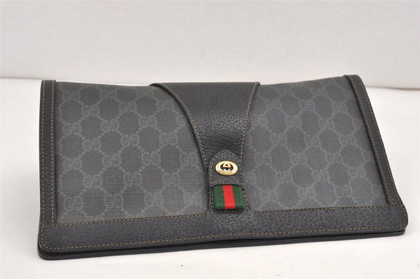 Authentic GUCCI Web Sherry Line Clutch Hand Bag Purse GG PVC Leather Black 2385K