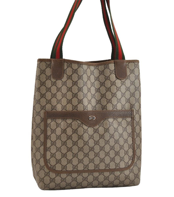 Authentic GUCCI Web Sherry Line Shoulder Tote Bag GG PVC Leather Brown 2389J