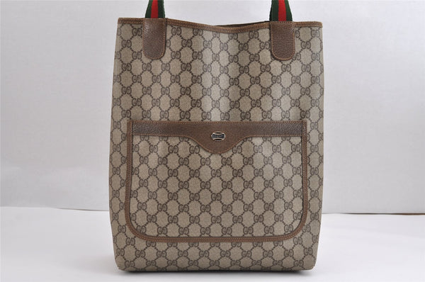 Authentic GUCCI Web Sherry Line Shoulder Tote Bag GG PVC Leather Brown 2389J