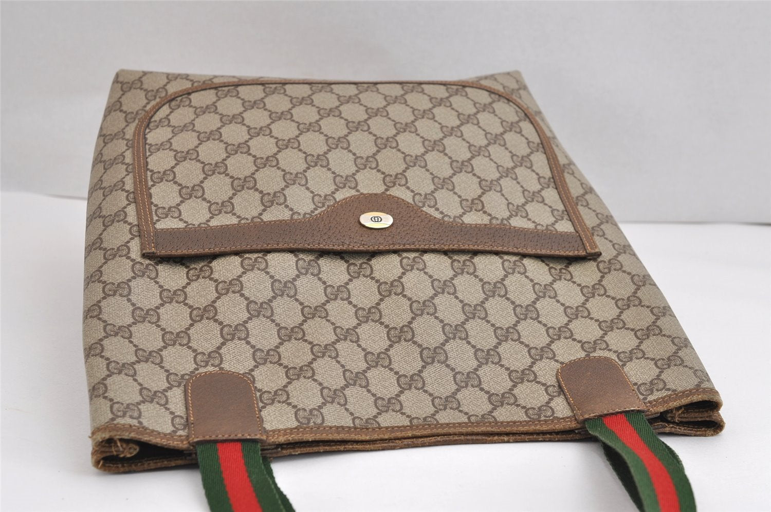 Authentic GUCCI Web Sherry Line Shoulder Tote Bag GG PVC Leather Brown 2389J