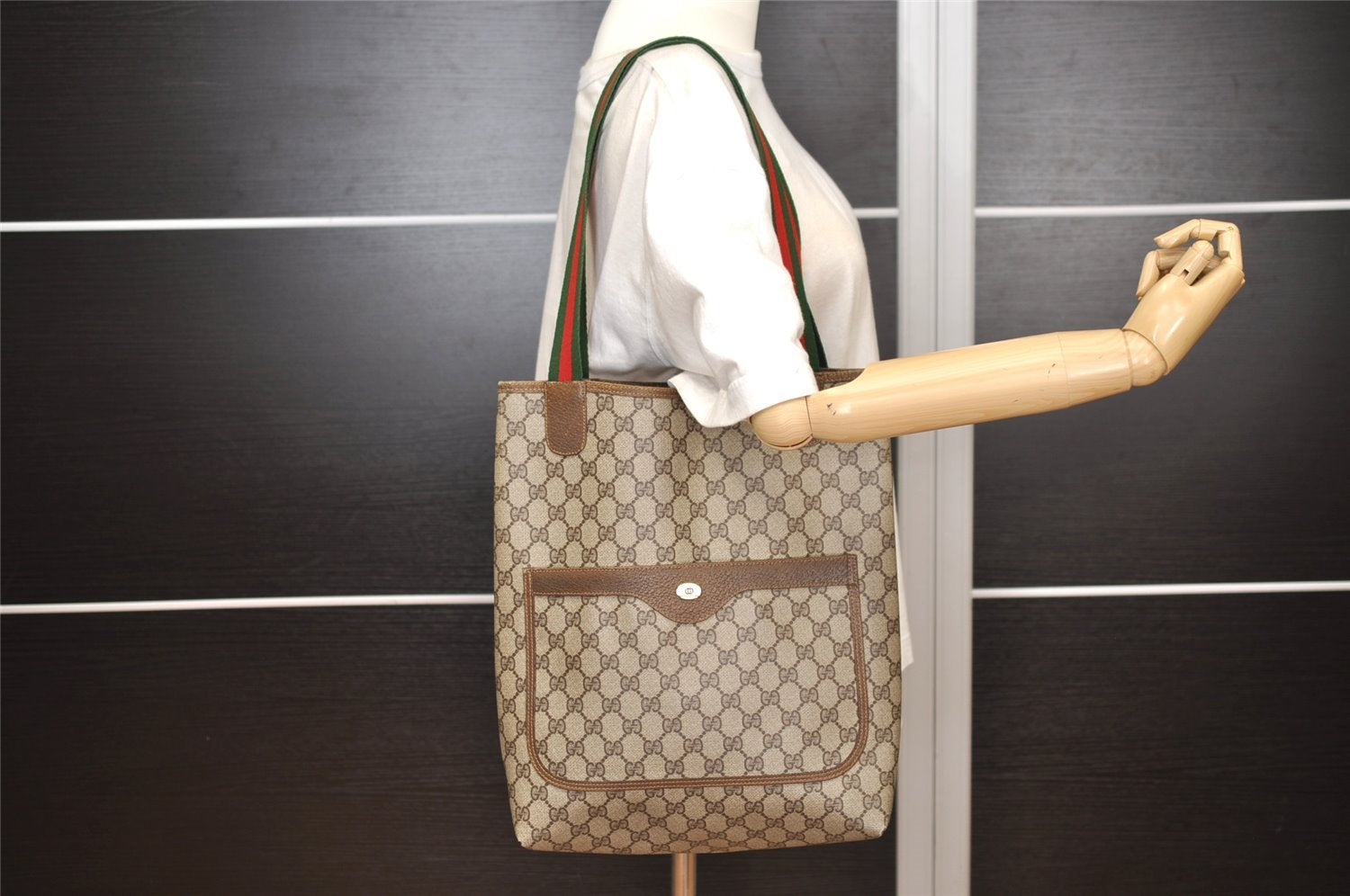 Authentic GUCCI Web Sherry Line Shoulder Tote Bag GG PVC Leather Brown 2389J