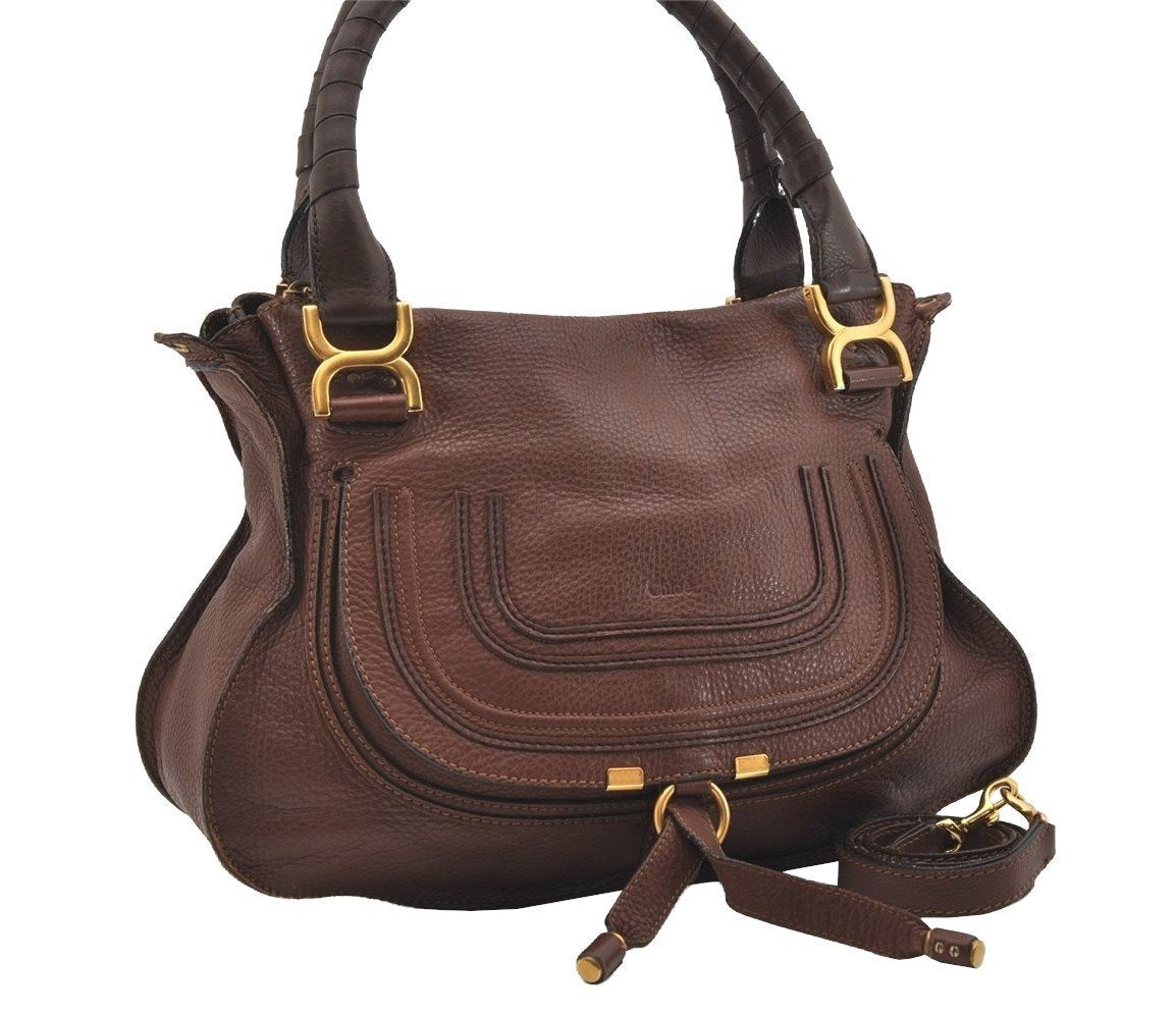 Authentic Chloe Vintage Marcie Leather 2Way Shoulder Hand Bag Purse Brown 2390J