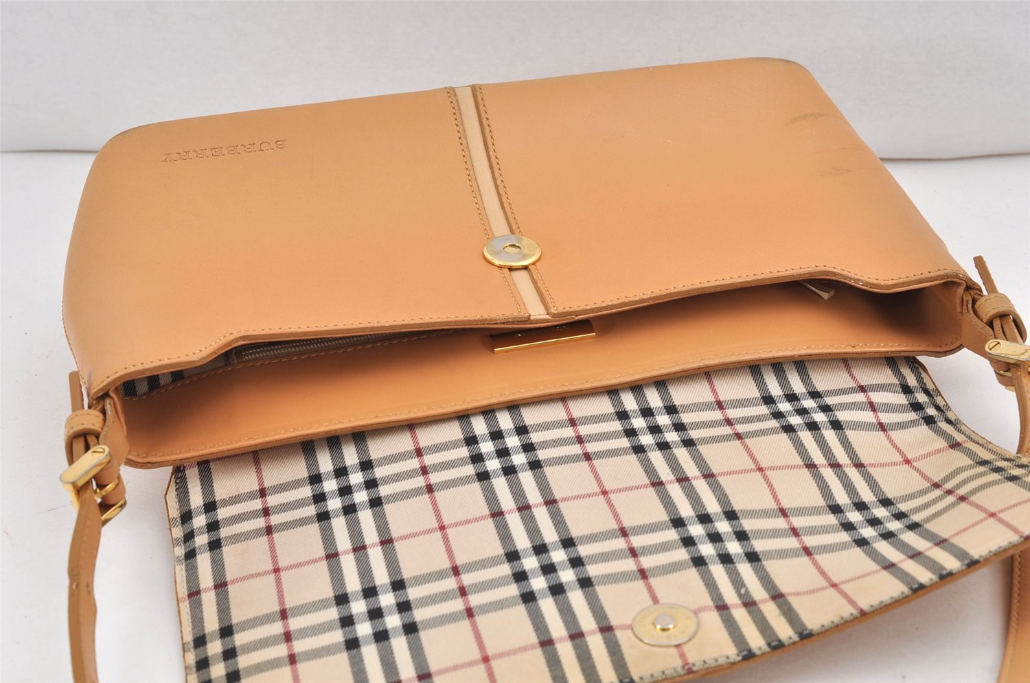 Authentic BURBERRY Vintage Leather Shoulder Hand Bag Purse Beige 2392K