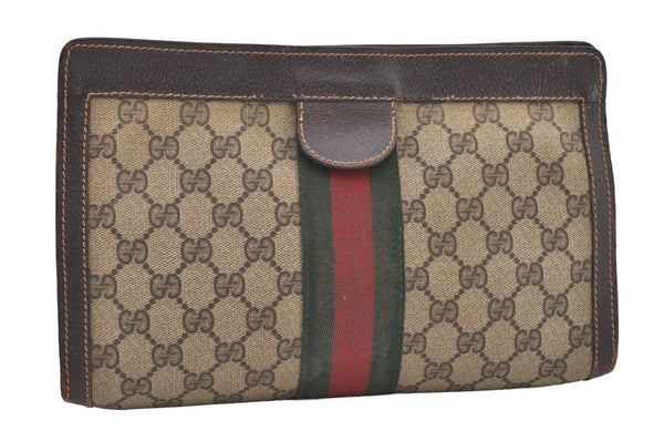 Authentic GUCCI Web Sherry Line Clutch Hand Bag Purse GG PVC Leather Brown 2393J