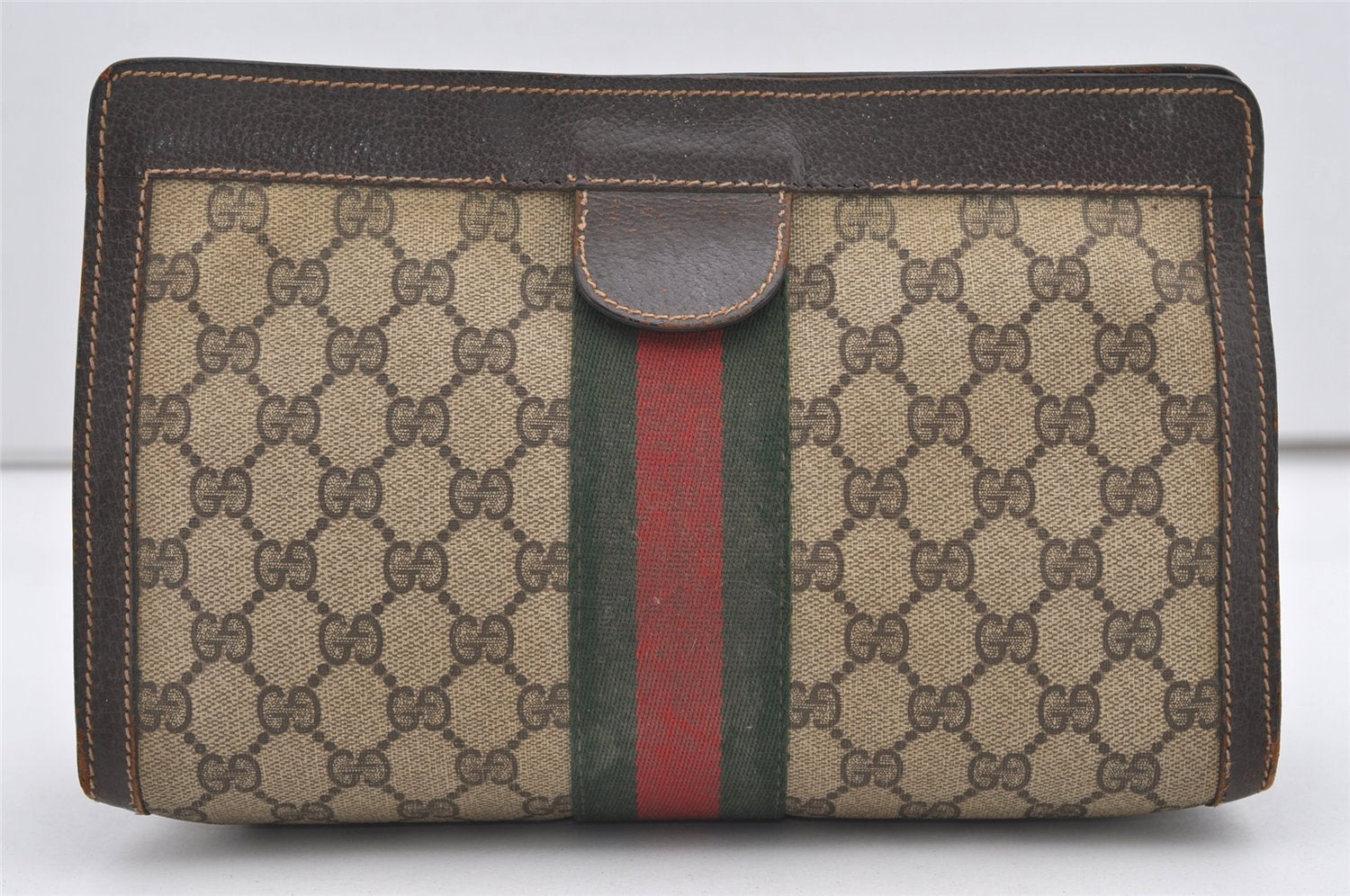 Authentic GUCCI Web Sherry Line Clutch Hand Bag Purse GG PVC Leather Brown 2393J