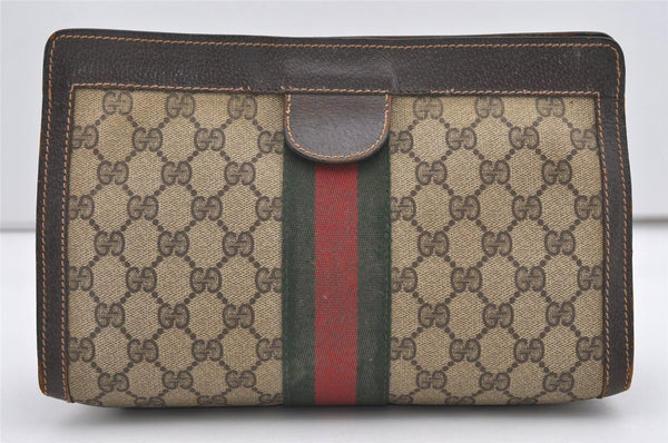 Authentic GUCCI Web Sherry Line Clutch Hand Bag Purse GG PVC Leather Brown 2393J