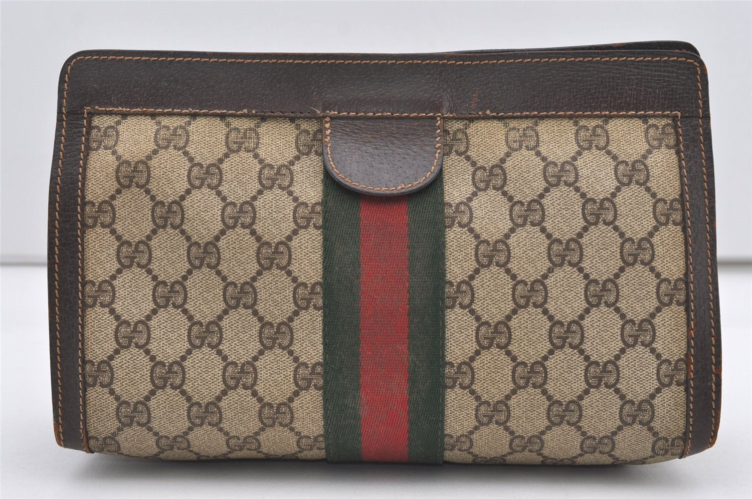 Authentic GUCCI Web Sherry Line Clutch Hand Bag Purse GG PVC Leather Brown 2393J