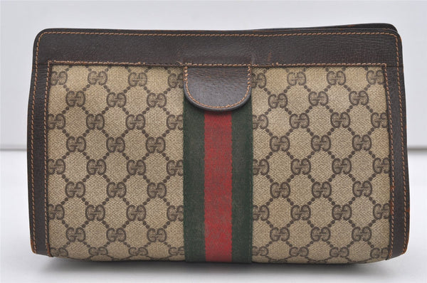 Authentic GUCCI Web Sherry Line Clutch Hand Bag Purse GG PVC Leather Brown 2393J