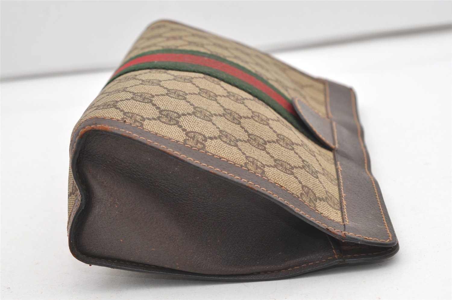 Authentic GUCCI Web Sherry Line Clutch Hand Bag Purse GG PVC Leather Brown 2393J