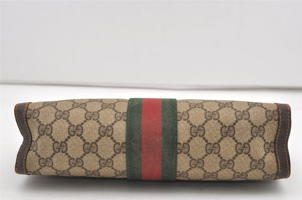 Authentic GUCCI Web Sherry Line Clutch Hand Bag Purse GG PVC Leather Brown 2393J