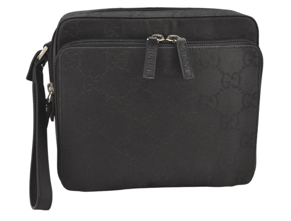 Authentic GUCCI Clutch Hand Bag Purse GG Nylon Leather 0181603 Black 2394K