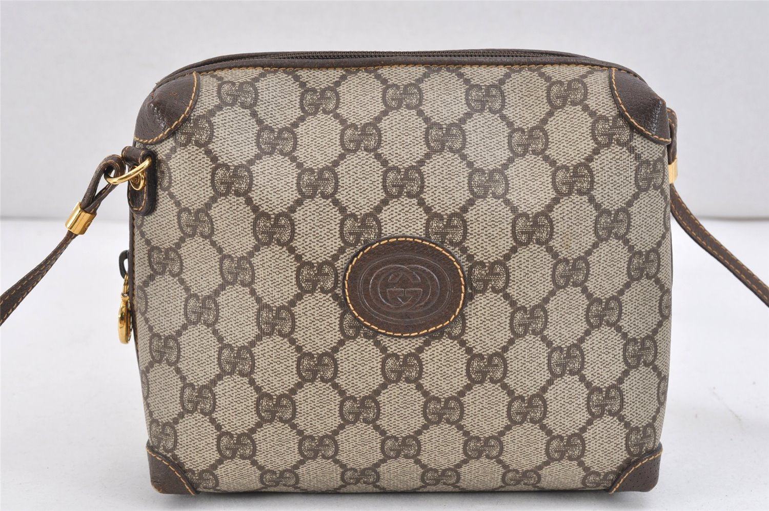 Authentic GUCCI Shoulder Cross Body Bag GG PVC Leather Brown Junk 2402K