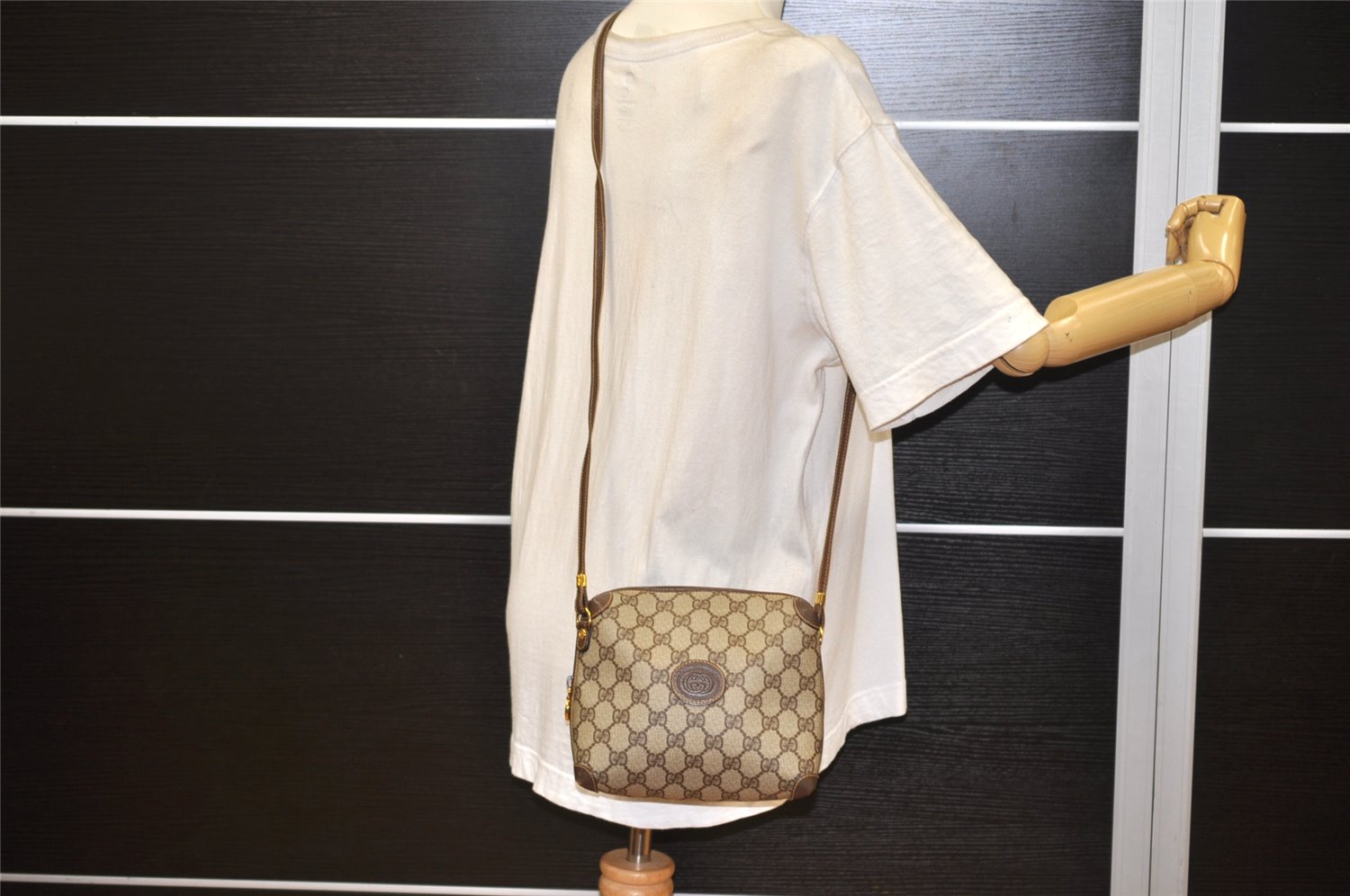 Authentic GUCCI Shoulder Cross Body Bag GG PVC Leather Brown Junk 2402K