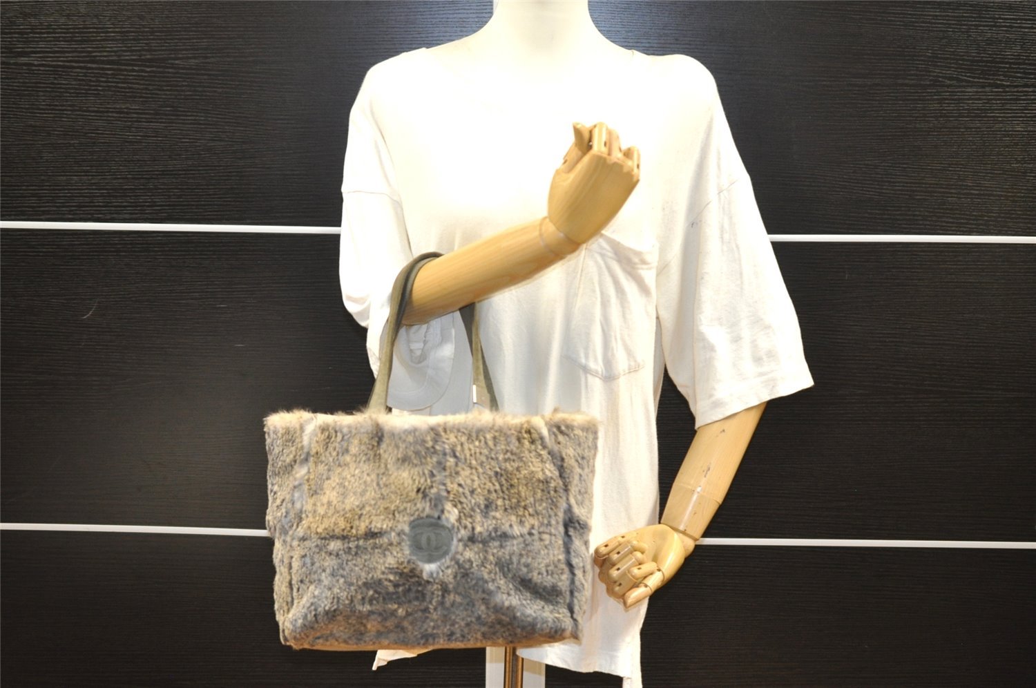Authentic CHANEL Lapin Fur Tote Hand Bag Fur Suede Light Gray 2403I
