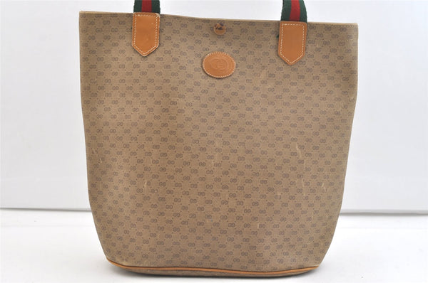 Authentic GUCCI Web Sherry Line Micro GG PVC Leather Tote Bag Brown 2404K