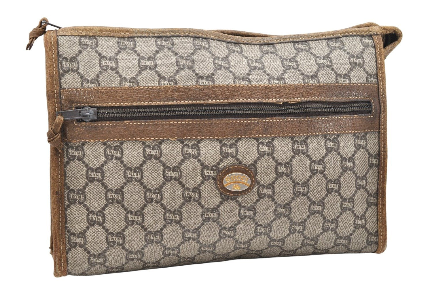Authentic GUCCI Vintage GG Plus Clutch Hand Bag Purse PVC Leather Brown 2406K