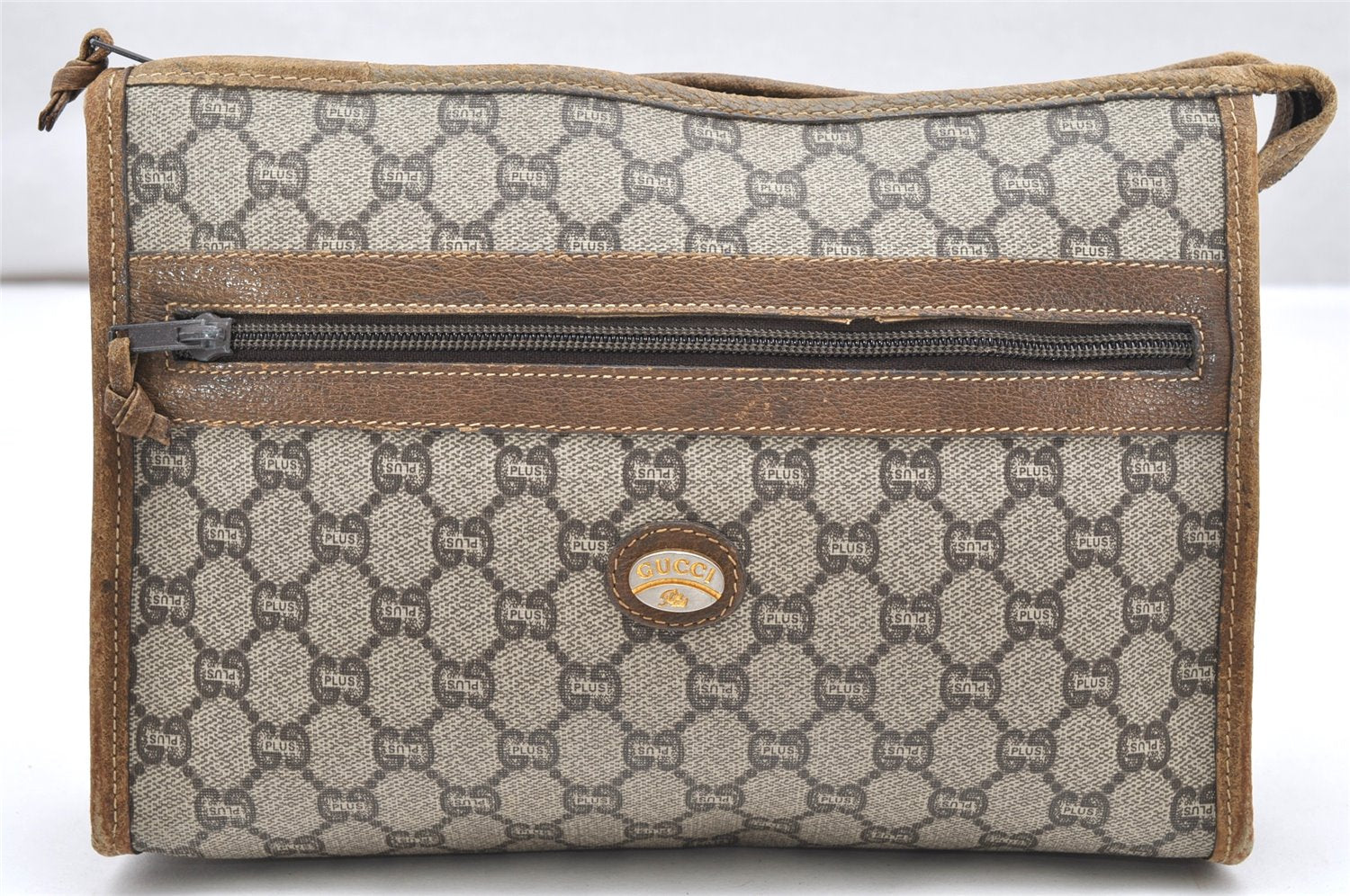 Authentic GUCCI Vintage GG Plus Clutch Hand Bag Purse PVC Leather Brown 2406K