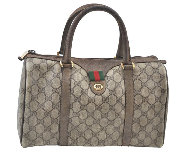 Authentic GUCCI Web Sherry Line Hand Boston Bag GG PVC Leather Brown 2410H