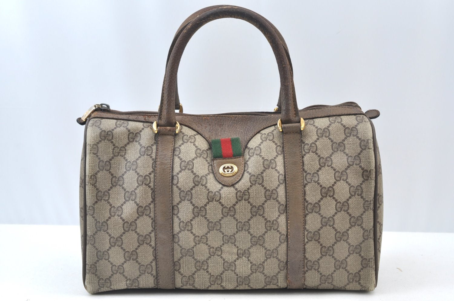 Authentic GUCCI Web Sherry Line Hand Boston Bag GG PVC Leather Brown 2410H