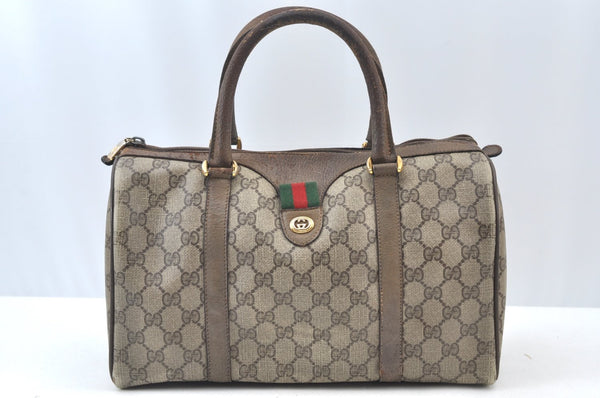 Authentic GUCCI Web Sherry Line Hand Boston Bag GG PVC Leather Brown 2410H