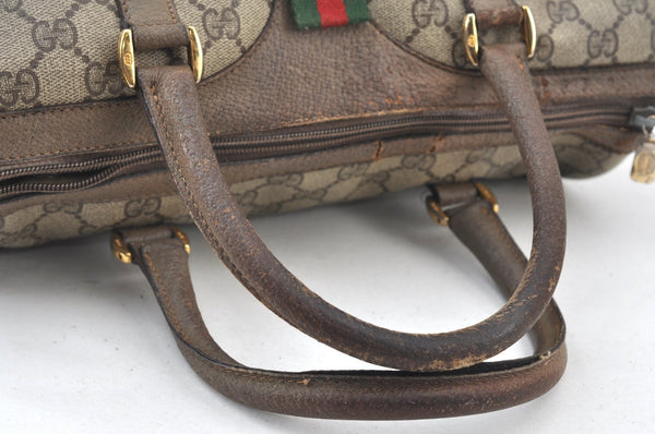 Authentic GUCCI Web Sherry Line Hand Boston Bag GG PVC Leather Brown 2410H