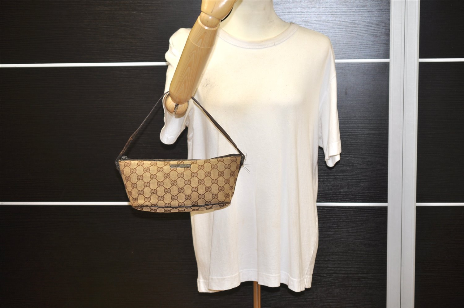 Authentic GUCCI Hand Bag Pouch Purse GG Canvas Leather 07198 Brown Junk 2410K