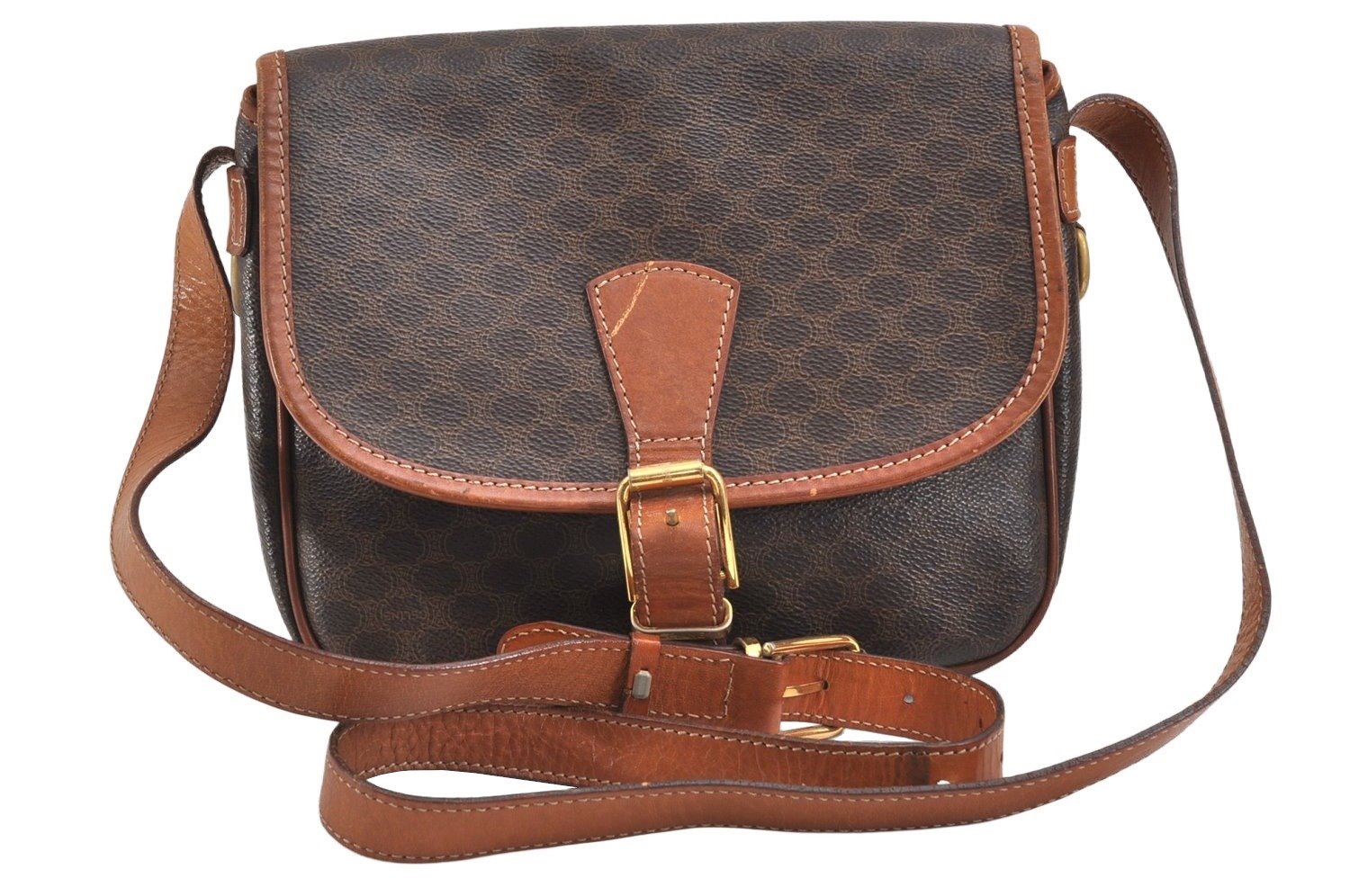 Authentic CELINE Macadam Blason Shoulder Cross Body Bag PVC Leather Brown 2414K