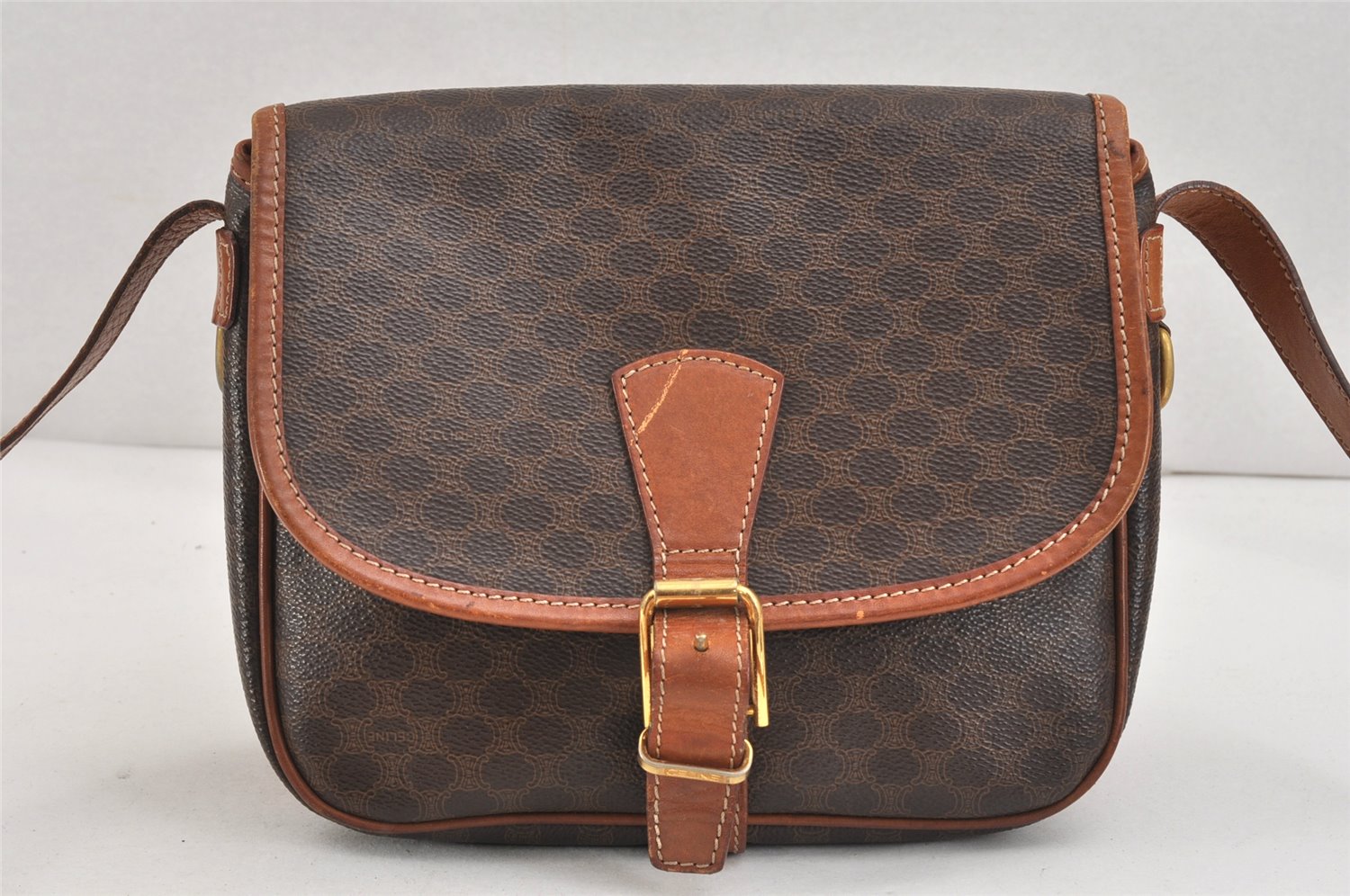 Authentic CELINE Macadam Blason Shoulder Cross Body Bag PVC Leather Brown 2414K