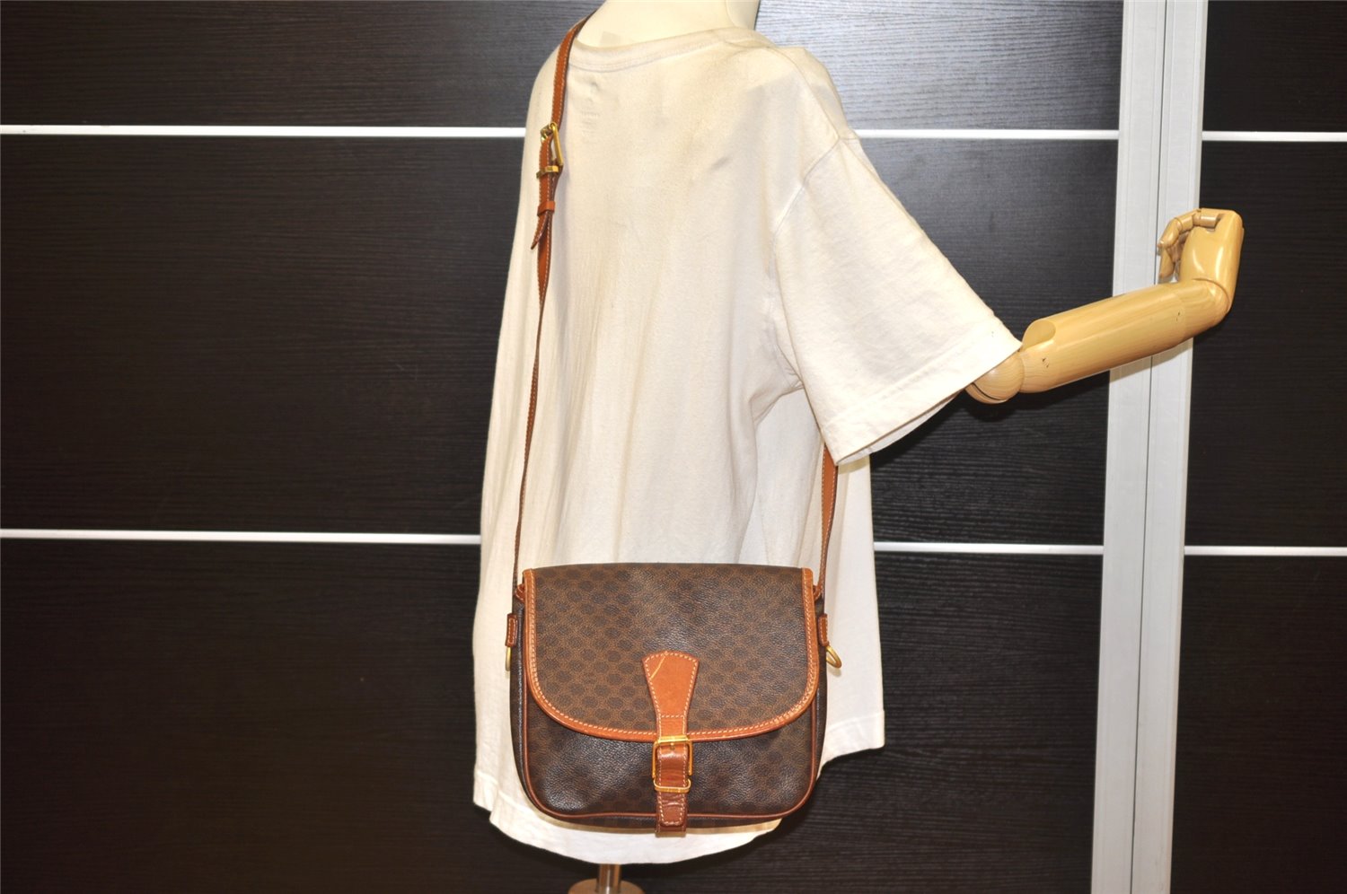 Authentic CELINE Macadam Blason Shoulder Cross Body Bag PVC Leather Brown 2414K