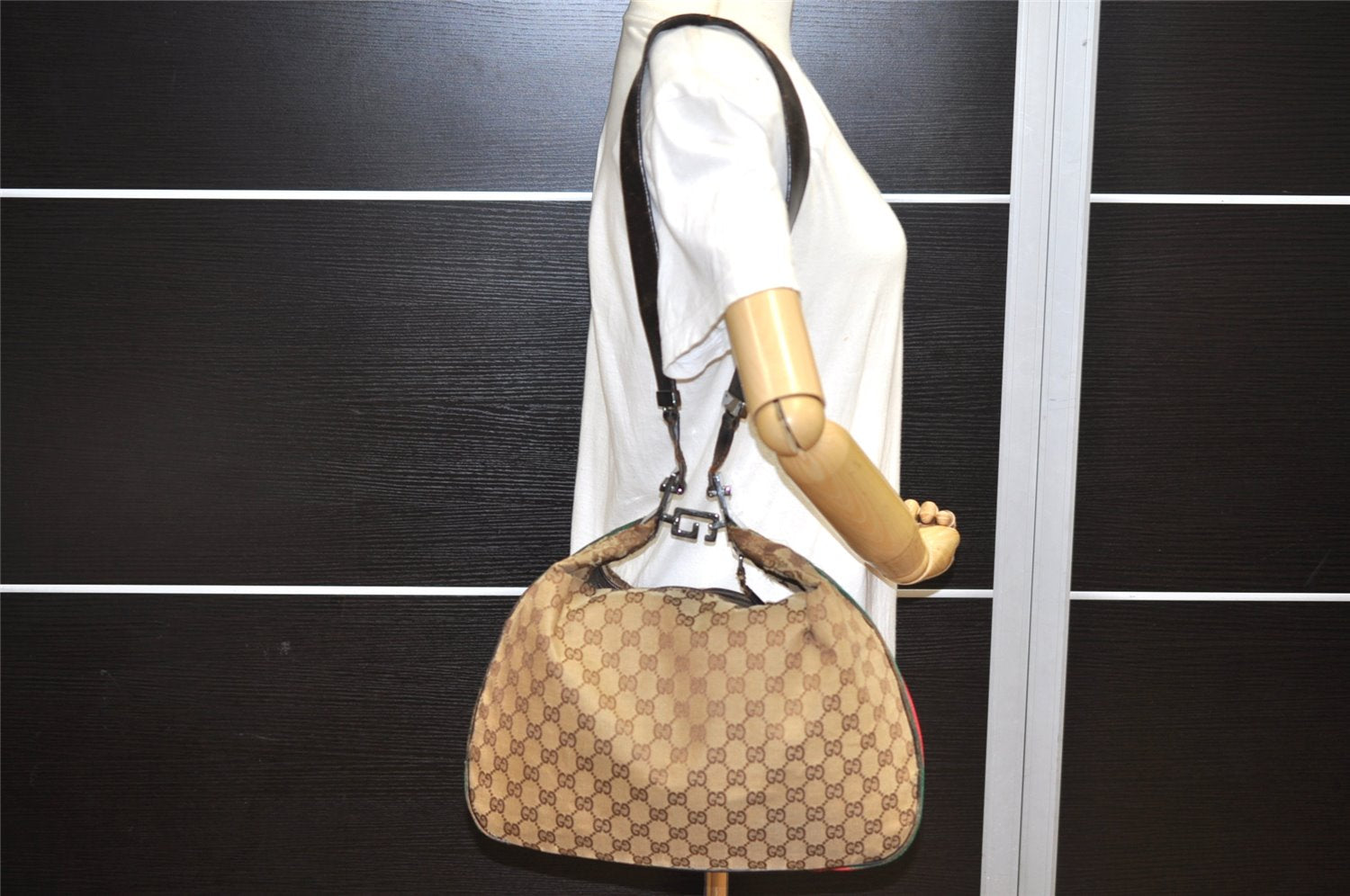 Auth GUCCI Web Sherry Line Shoulder Bag GG Canvas Leather 0013341 Brown 2415K