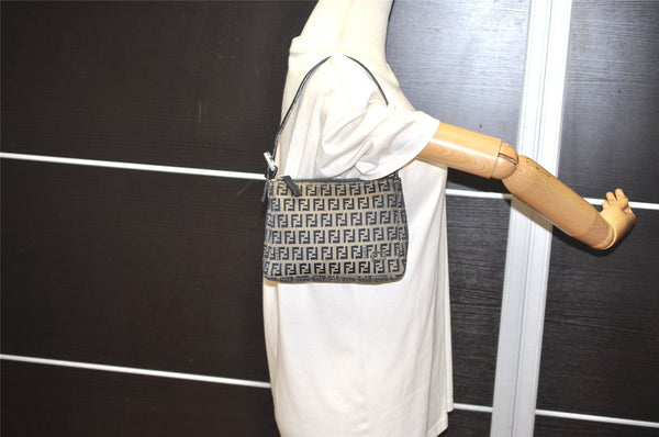 Authentic FENDI Zucchino Shoulder Hand Bag Purse Canvas Leather Navy Blue 2417I