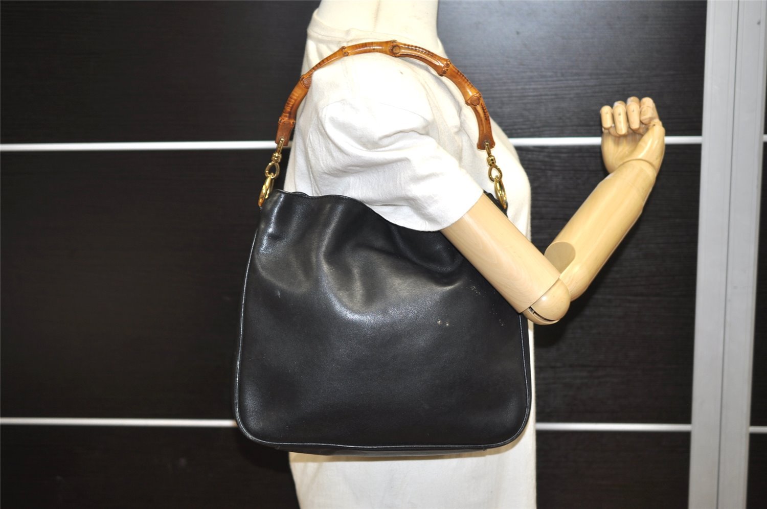 Authentic GUCCI Bamboo 2Way Shoulder Hand Bag Leather Black Junk 2418K
