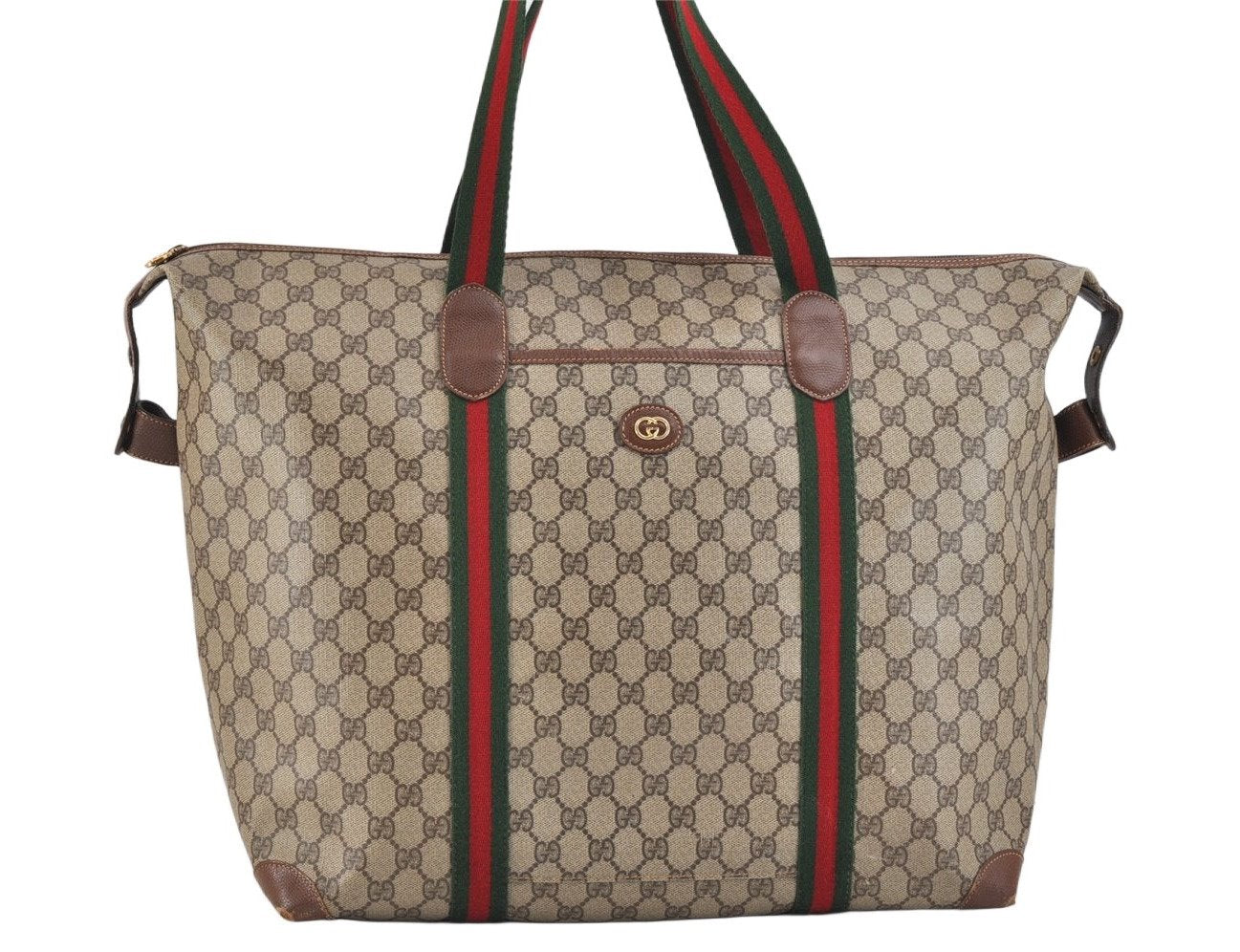 Authentic GUCCI Web Sherry Line Travel Boston Bag GG PVC Leather Brown 2420K