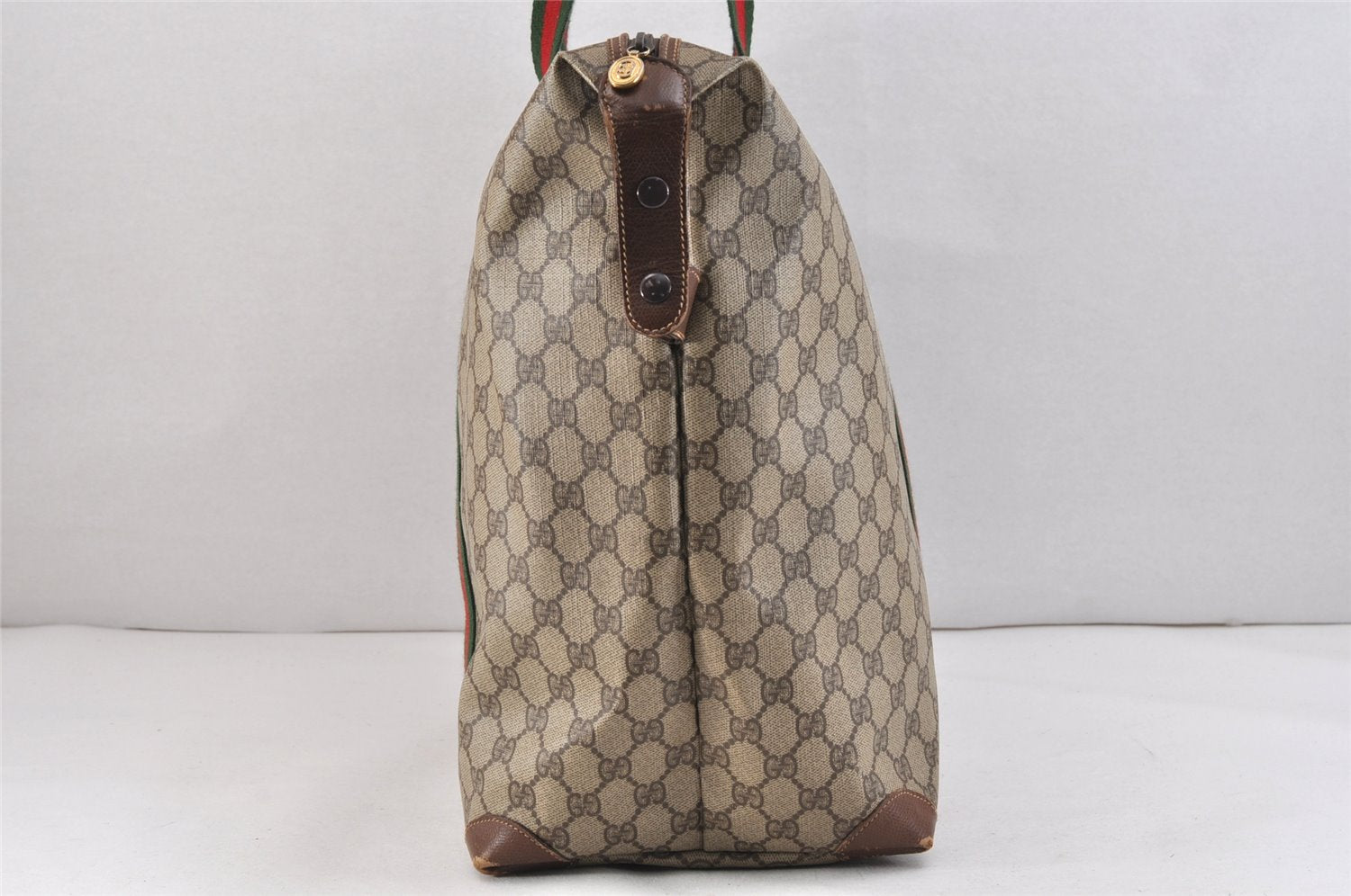 Authentic GUCCI Web Sherry Line Travel Boston Bag GG PVC Leather Brown 2420K