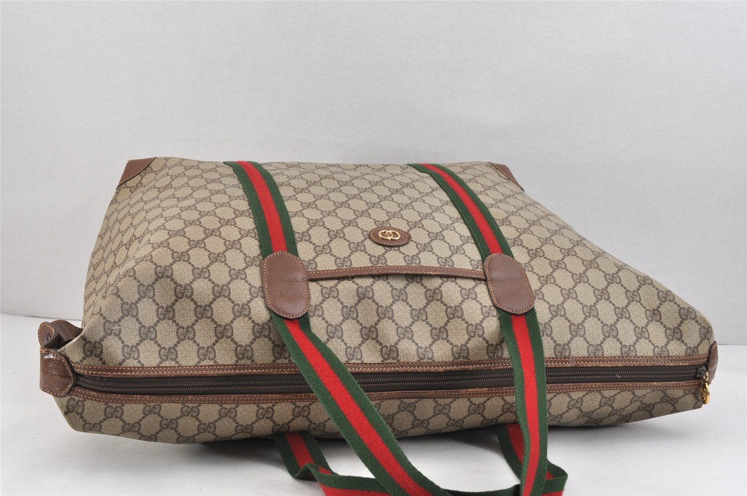 Authentic GUCCI Web Sherry Line Travel Boston Bag GG PVC Leather Brown 2420K