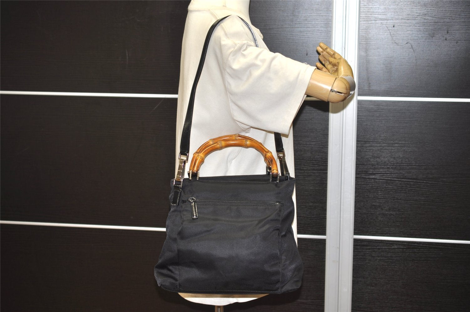 Authentic GUCCI Bamboo 2Way Shoulder Tote Bag Nylon Leather Black 2426J