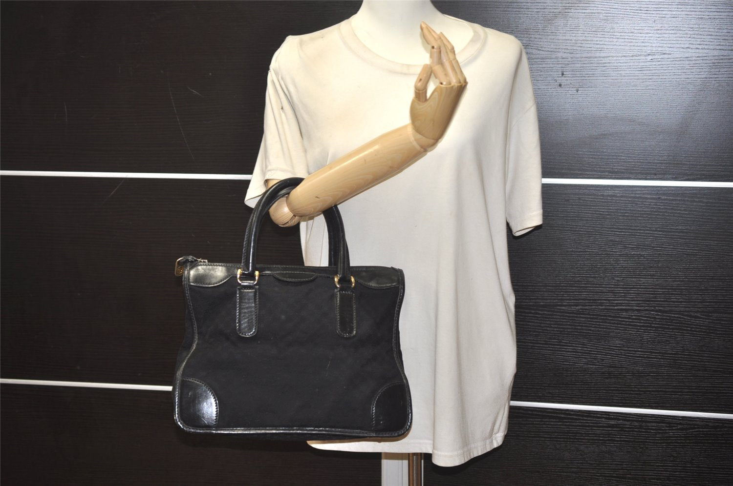 Authentic GUCCI Vintage Micro GG Canvas Leather Tote Hand Bag Black 2432K