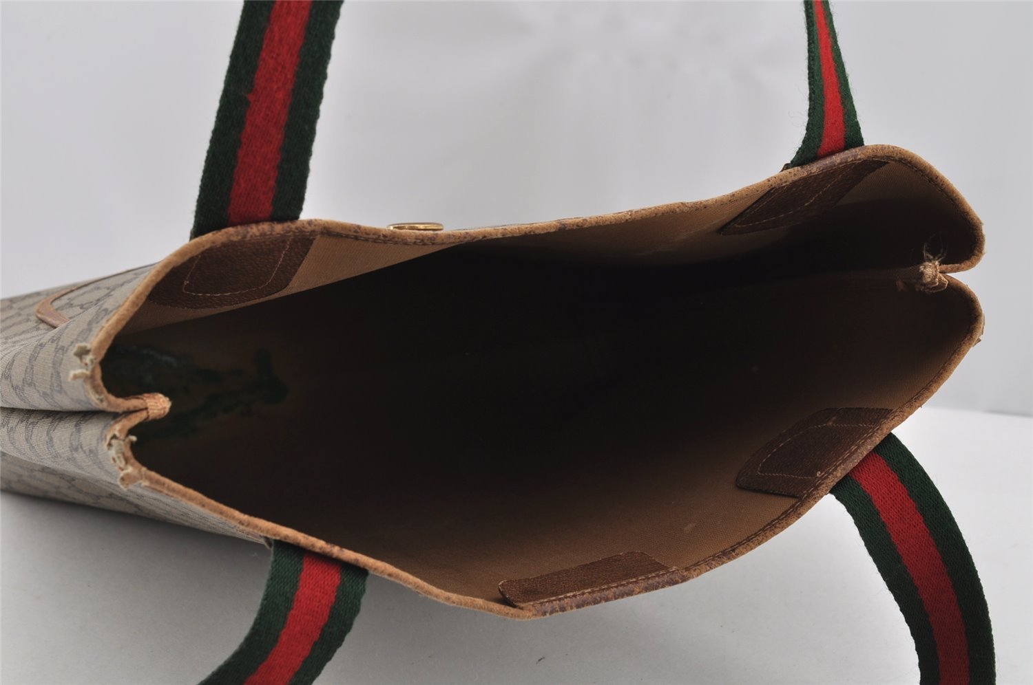 Authentic GUCCI Web Sherry Line Shoulder Tote Bag GG PVC Leather Brown 2436I